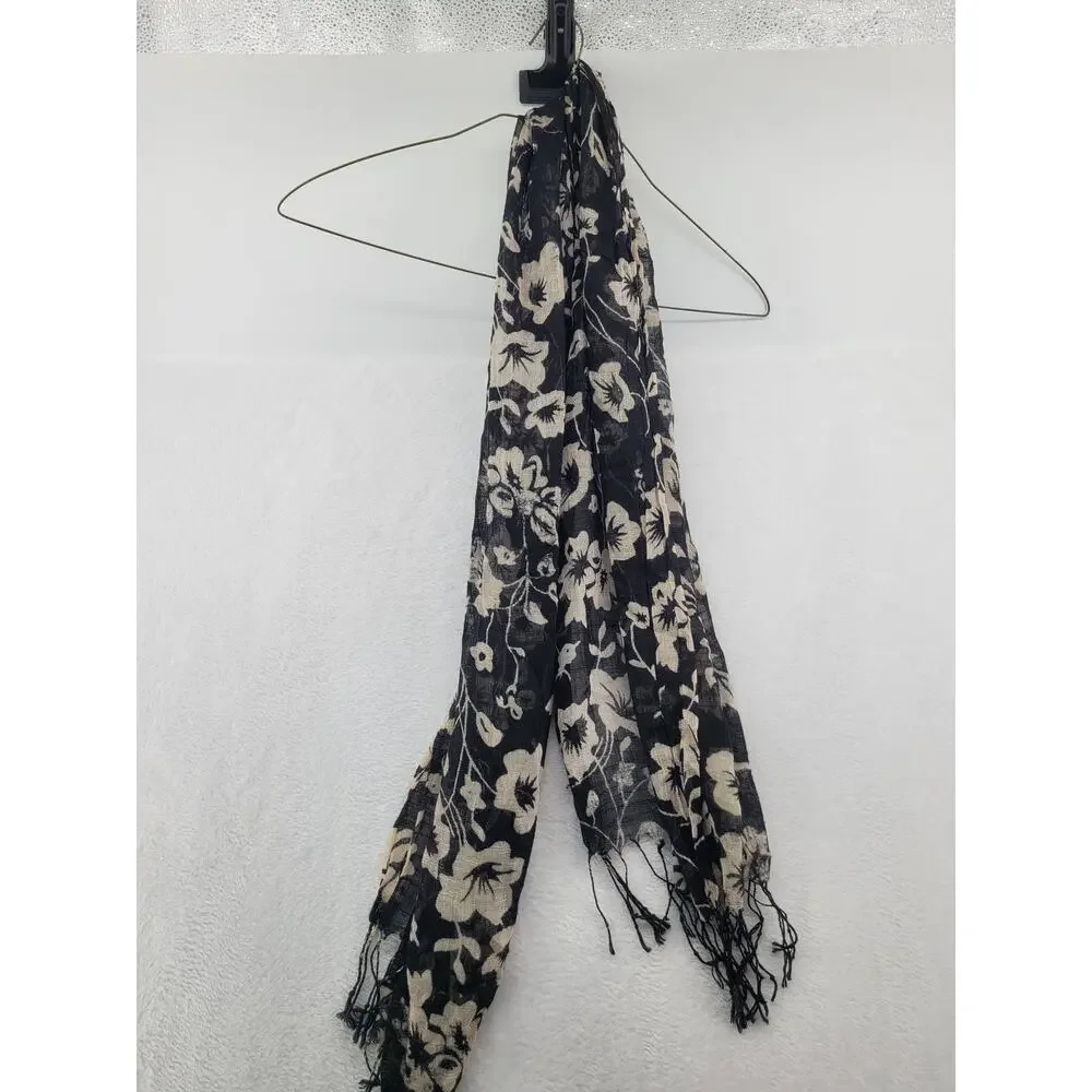 Black White Floral Fringe Scarf Lightweight Boho Wrap Layering Classic Fall